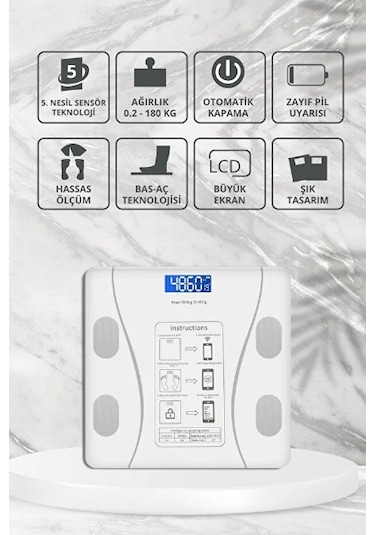 Beyaz Renk Bluetooth Özellikli Akıllı Tartı Beyaz