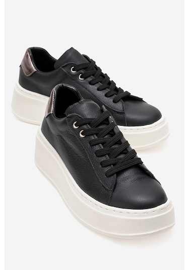 Gueno Siyah Cilt Hakiki Deri Kadın Spor Ayakkabı Siyah