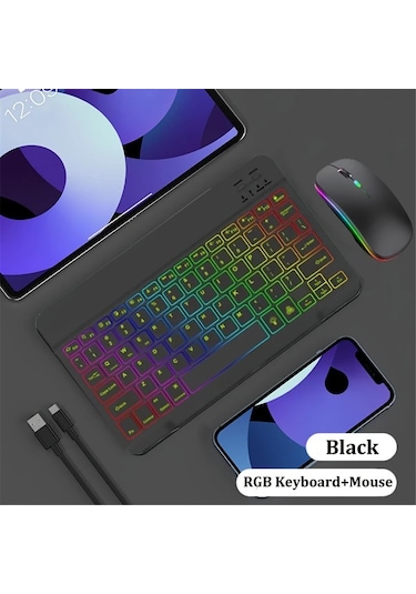Honeybeeshop Siyah Ultra İnce Arka Aydınlatmalı Kablosuz Klavye Fare Seti Şarj Edilebilir Taşınabilir Type C Şarj Tablet Uyumlu İngilizce Düzen Lazer