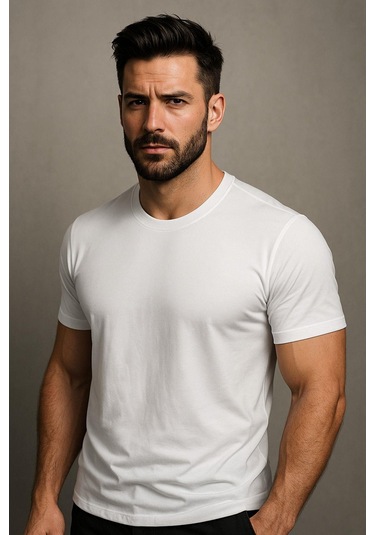 Erkek %100 Pamuk Slim Fit Sporcu Tişört Basic Bisiklet Yaka Kısa Kollu T-shirt Beyaz