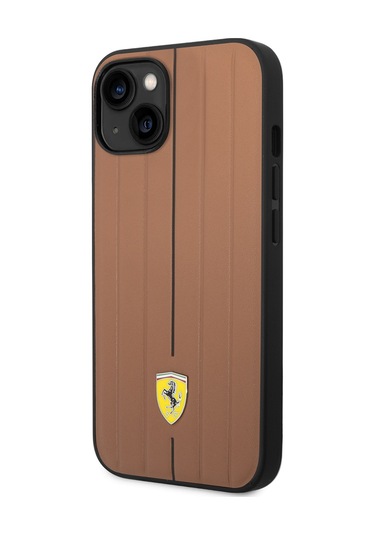 İphone Uyumlu 14 Kılıf Ferrari Lisanslı Deri Arka Yüzey Metal Logolu Şerit Tasarımlı Kahverengi