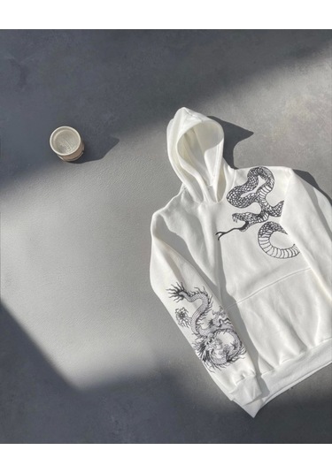 Efnaz Style Uzun Kol Kapşonlu Baskılı Sweatshirt - Beyaz