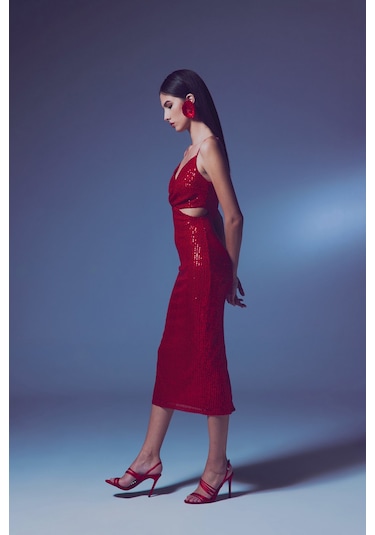Dekolteli Payet Elbise - Kırmızı-135646 Kırmızı