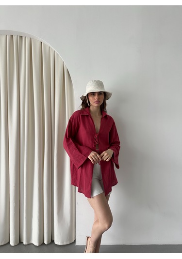 Bordo %100 Keten Bağcık Detaylı Kimono Bluz - 5218 Bordo