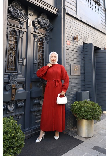 Kadın Kremit Boydan Düğmeli Yarasa Kol Kuşaklı Lara Keten Uzun Tesettür Elbise Kremit Kiremit