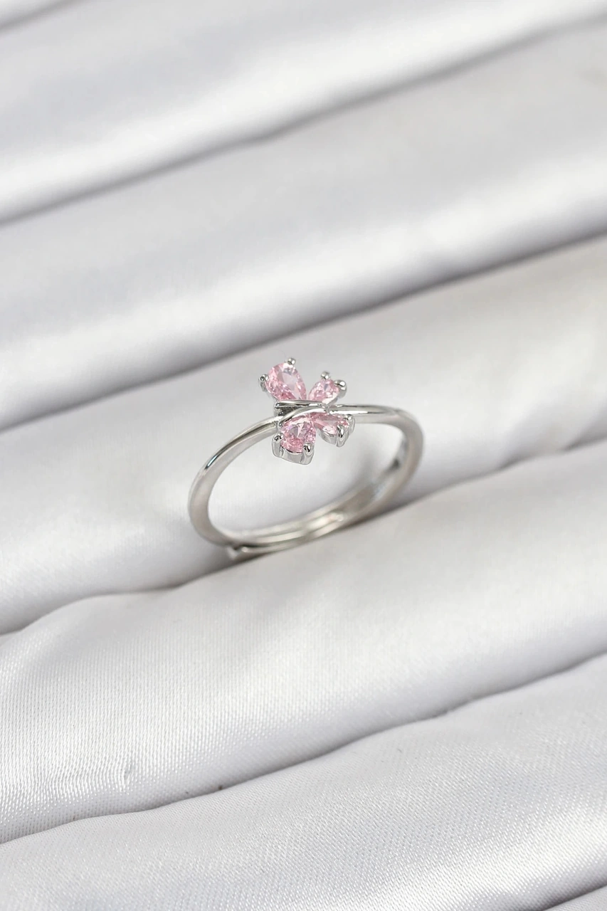 Ceylan Adam Pirinç Gümüş Renk Pembe Kelebek Kadın Yüzük Çok Renkli