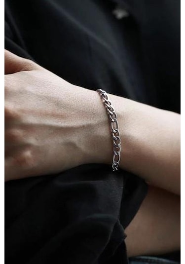 Figaro 3E1 Çelik Künye Erkek Bileklik Zincir  Ack06B Beyaz