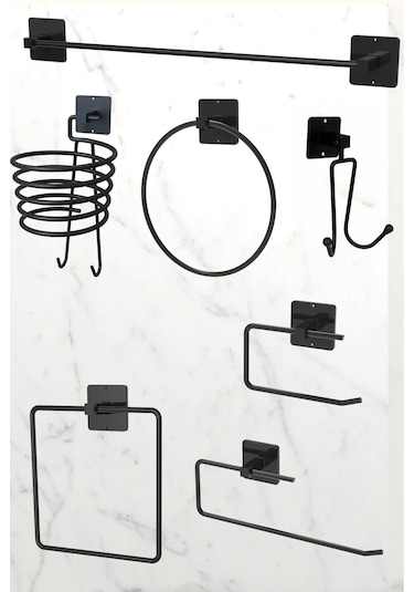 Yapışkanlı Siyah 7'li Banyo Seti Uzun Havluluk Rulo Havluluk Tuvalet Kağıtlık Siyah