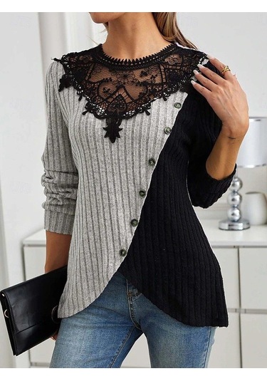 Kadın Bisiklet Dantelli Yaka Düğmeli Uzun Kollu Şardonlu Kaşkorse Bluz Gri