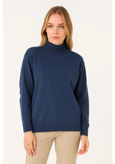 Kadın Yarım Boğaz Triko Kazak Yumuşak Dokulu Pamuklu İnce Dokuma, Uzun Kollu Rahat Regular Kalıp - İ Indigo