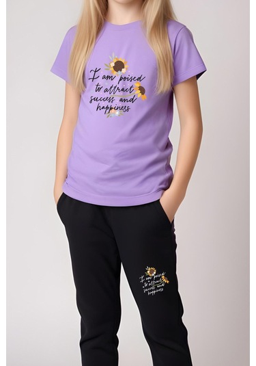 I Am Poised Baskılı Kız Çocuk Tişört Ve Eşofman Alt-üst Takım Lila