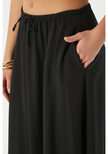 Kadın Seaside Siyah Astarlı Bel Lastikli Cepli Dokuma Uzun Etek Siyah