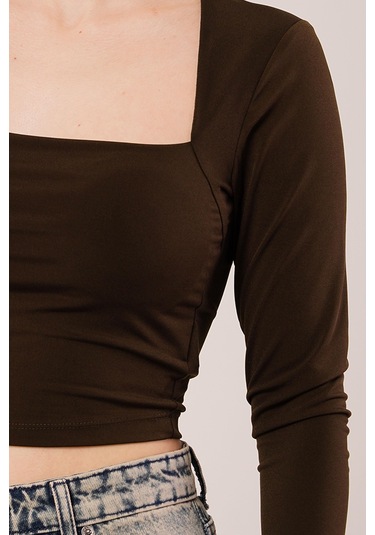 Gülsüm Aydın Kare Yaka Basic Kahverengi Bluz Kahverengi