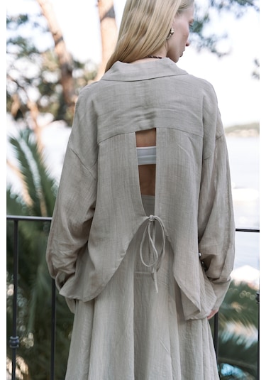 Calynn Sırt Dekolteli Çizgili Haki Keten Gömlek Haki