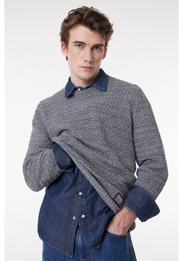 Wrangler Regular Fit Normal Kesim Bisiklet Yaka Gri Melanj Erkek Triko Kazak W232580036 Gri Melanj