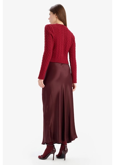 DeFacto A Kesim Normal Bel Saten Midi Etek B1867AX25SPBR234 Bordo