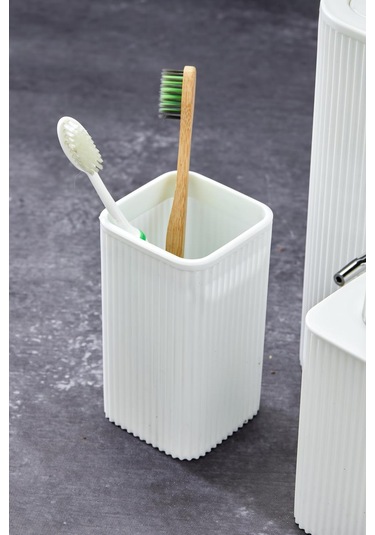 Line 5 Parça Kare Banyo Seti - Çöp Kovası Wc Fırçası Sıvı-katı Sabunluk Diş Fırçası Beyaz