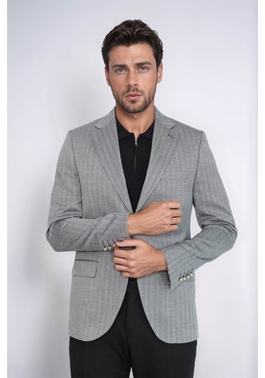 Siyah Balıksırtı Desenli Gold Renk Metal Düğmeli Slim Fit Erkek Blazer Ceket - Wessi Black