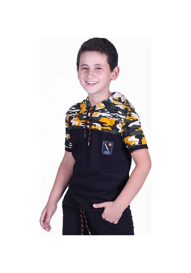 Kamuflaj Desenli Kapşonlu Sarı Erkek Çocuk T-shirt Sarı