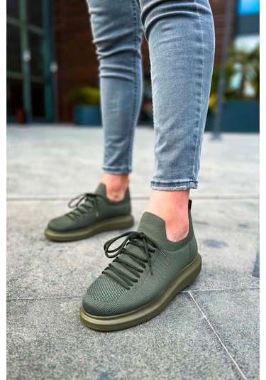 Pabucmarketi Bağcık Detaylı Triko Kumaş Erkek Spor Ayakkabı Haki Çok Renkli