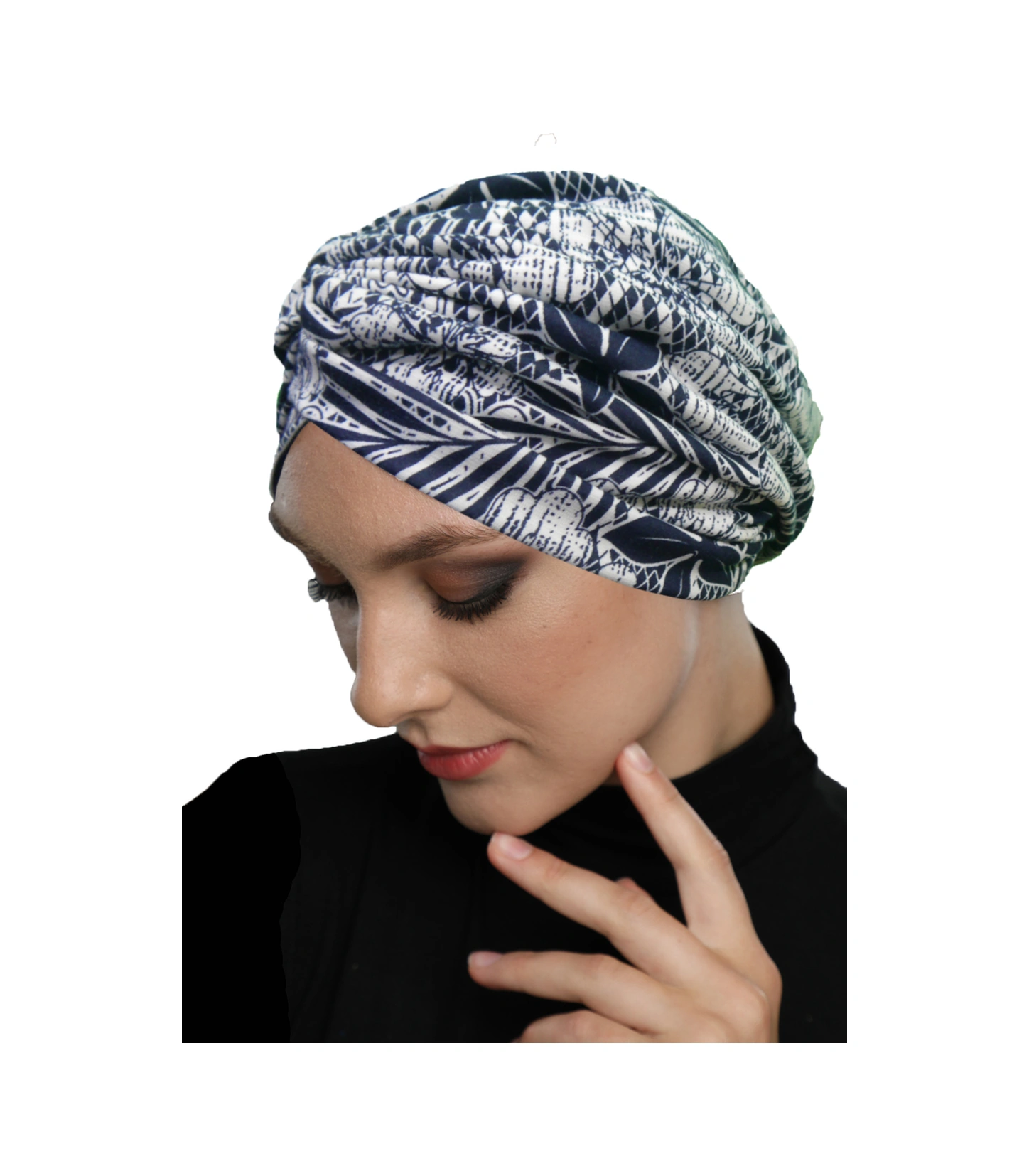 Ayışığı Çiçekleri Desenli Çapraz Ve Bant Detaylı Astarlı Hazır Türban Tesettür Havuz Bonesi Lacivert-beyaz