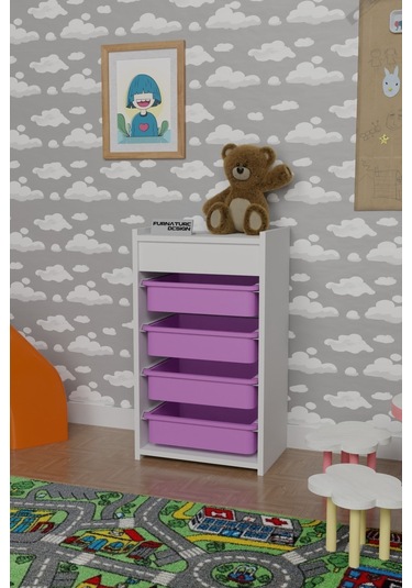 4 Sepetli Oyuncak Dolabı Çok Amaçlı Dolap Beyaz - Pembe Beyaz