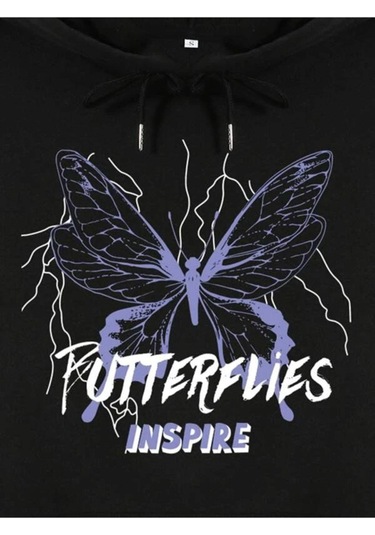 Unisex Siyah Butterfly Baskılı Oversize Kapşonlu Sweatshirt 001