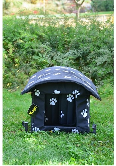 Yuga Pati Desenli Siyah Kedi Evi Isı Ve Yağmur Korumalı