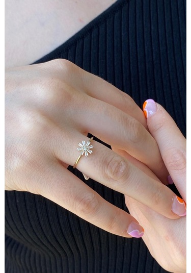 Zümrüt Sarraf 14 Ayar Yeşil Altın Kadın Minimal Taşlı Papatya Yüz 553891797