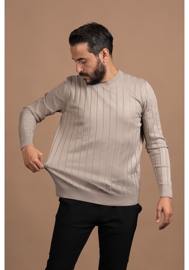 Sıfır Yaka Kendinden Çizgili Likralı Akrilik Mevsimlik Kazak Açık Kahverengi