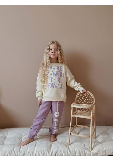 Kız Çocuk Papatya Desenli 3 İplik Şardonlu Takım Lila
