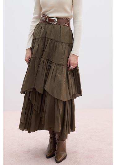 Katlı Boho Vual Etek Haki Haki