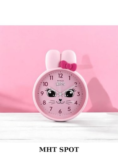 Gülen Kedi Figürlü Pembe Çocuk Duvar Saati Pembe