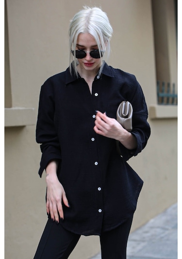 Madmext Siyah Muslin Kumaş Basic Kadın Gömlek Mg1660 Siyah