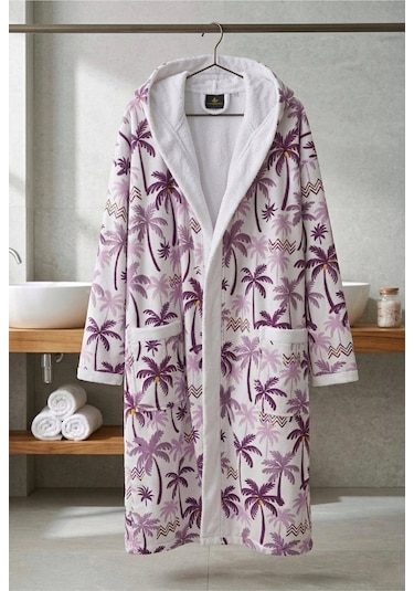 Tropical Breeze Pamuklu Desenli Kapüşonlu Bornoz Pembe - Mor Palmiye