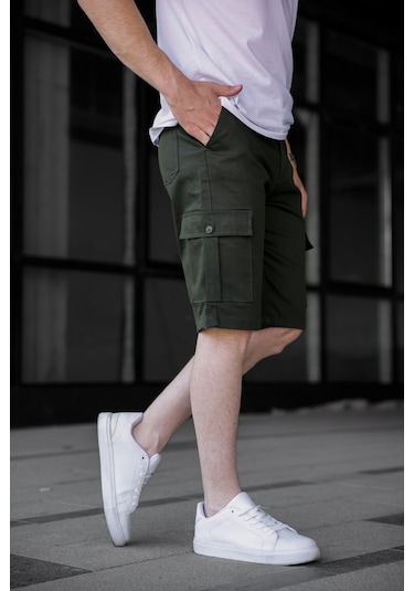 Haki Renk Kargo Cepli Gabardin Erkek Şort-1801 Haki