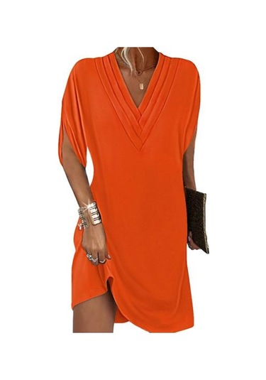 Kadın Elbise V Yaka Pilili Yarım Yarasa Kollu Düz Renk Gevşek Yumuşak Nefes İşe Gidip Diz Üstü Mini Elbise Turuncu