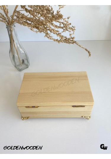 Doğal Ahşap Takı Kutusu Ahşap Saklama Kutusu Beyaz Çam Boy:20cm En:12cm Yük:8,5cm