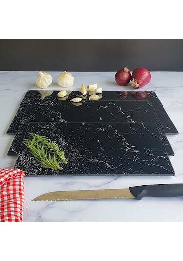 Decorita Cam Kesme Tahtası | Siyah Mermer Görünümlü | 3'lü Takım