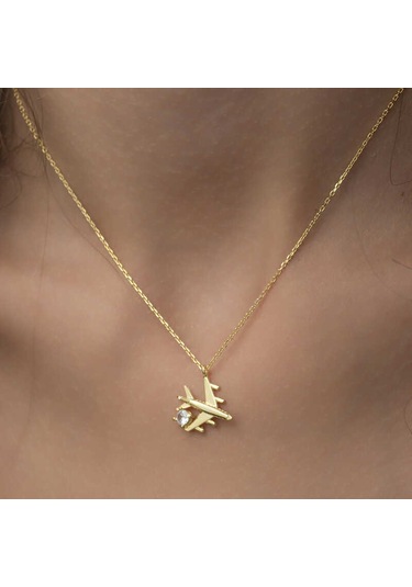 Gümüş Gold Tek Taşlı Uçak Kadın Kolye Sl2044 Gümüş