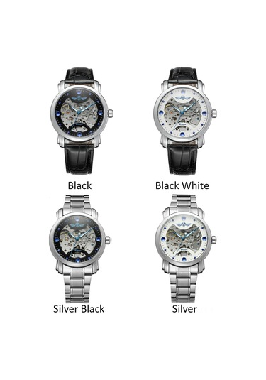 Kazanan 005 İş Adamı Mekanik Saat Zaman Gösterimi Moda Günlük Paslanmaz Çelik Deri Kayış Bilezik 3atm Su Geçirmez Kendinden Sarmalı Erkek Kol Saati Çok Renkli