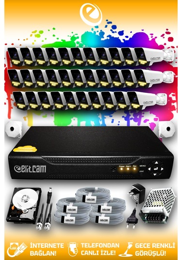 Elitcam 32 Kameralı Süper 32 Dış Kamera Set 100 GB 5 MP 2K Net Renkli Gece Görüşlü Güvenlik Kamerası Sistemi