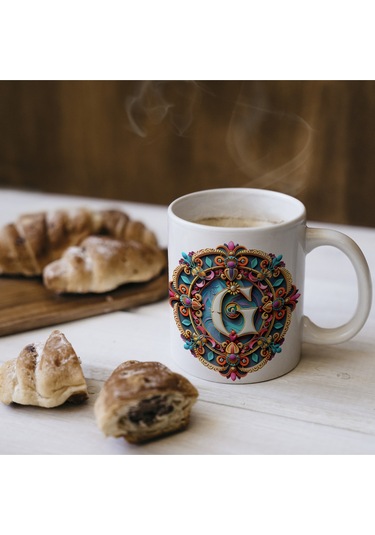 G Harfi Boho Bardak, Renkli Özel Tasarım Hediyelik Harfli Kupa, 330ml Porselen Beyaz