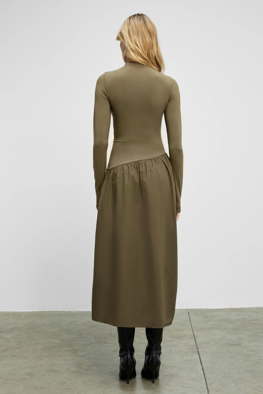 Grımelange Pantı Kadın Üstü Ribana Eteği Poplin Vücuda Oturan Haki Elbise Haki