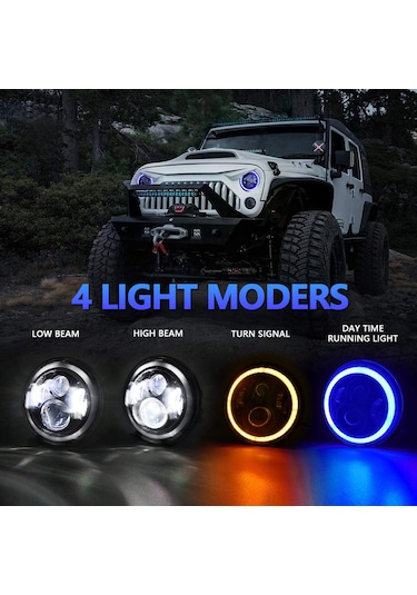 Yaozixa 7 İnç Araba/motosiklet Led Farı H4 Bağlantı 180w 18000lm 3 Renk Beyaz/sarı/mavi Ip67 50000 Saat Omur C0072 Tek Adet