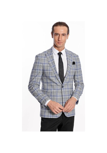 Wessi Ekose Desenli Slim Fit Siyah Mavi Erkek Ceket - Wessi Mavi - Siyah