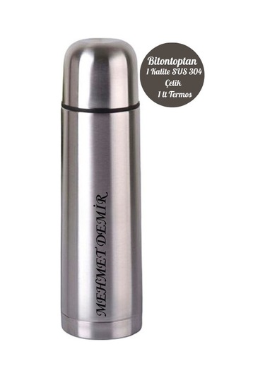 Kişiye Özel 1 Lt Çift Katmanlı Sus 304 Çelik İnox Termos 12 Saat Sıcak Soğuk Tutma Gümüş