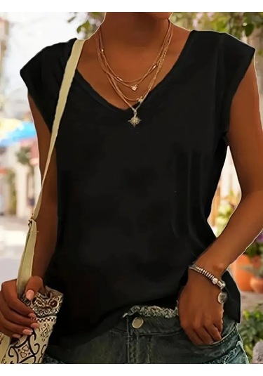 Modasize Kadın Kısa Kollu V Yakalı Viskon Bluz Siyah