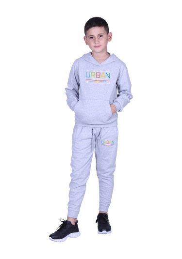 Kapüşonlu Kanguru Cepli Urban Yazı Baskılı Erkek Çocuk Eşofman Takımı Gri