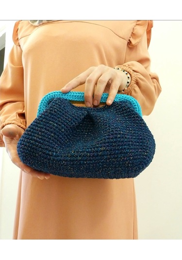 Parlak Tutmalı El Çantaları , El Yapımı Işıltılı Clutch, Örgü El Çantası Lacivert